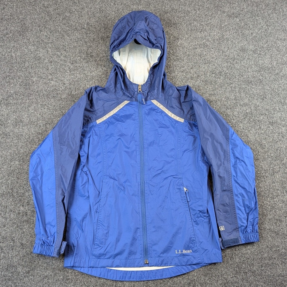 LL Bean Kids M 10-12 Trail Model Rain Jacket Blue Waterproof Hooded Windbreaker